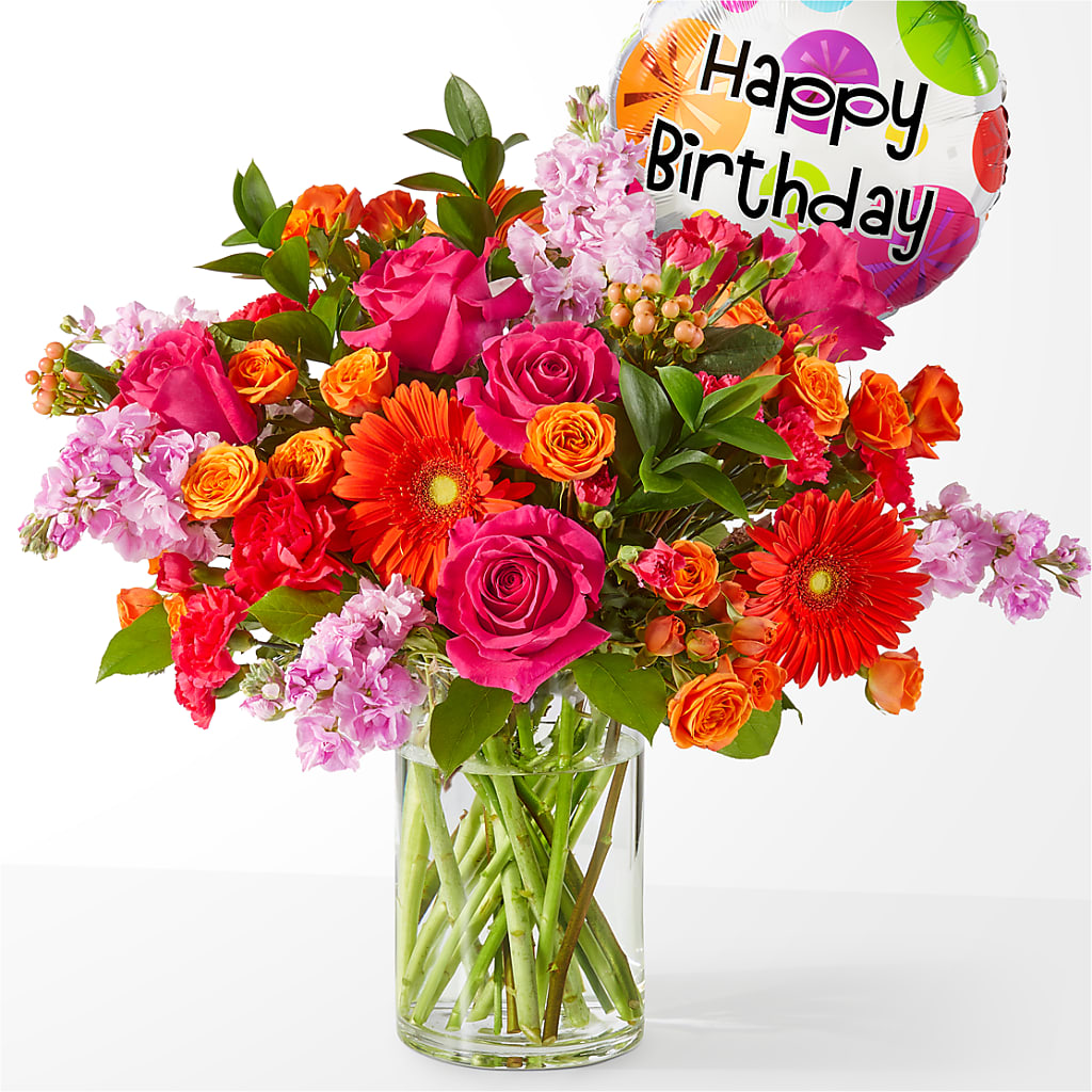 Fiesta Bouquet with Birthday Balloon – Blossom Street Florist, Lauderhill FL