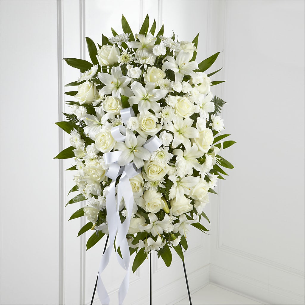 Exquisite Tribute Standing Spray-White Ribbon – Blossom Street Florist, Lauderhill FL