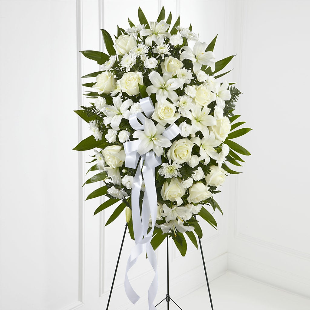 Exquisite Tribute Standing Spray-White Ribbon – Blossom Street Florist, Lauderhill FL